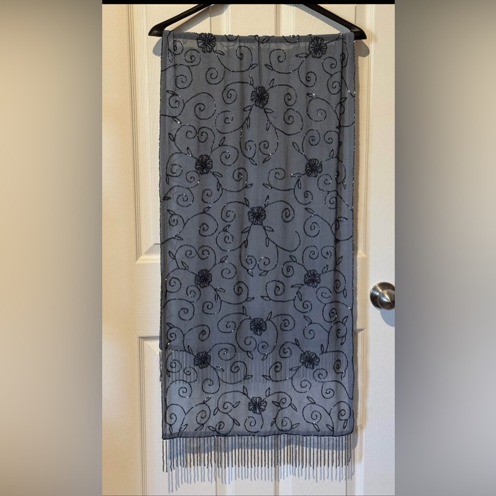 Elegant Grey Vintage Beaded Evening Shawl